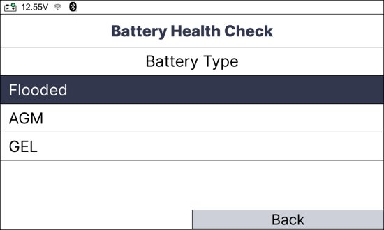 Battery Health Check battery standard selection screen