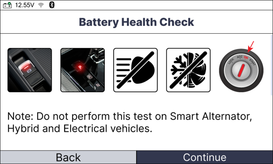 Battery Health Check instruction to turn off the headlights and blower