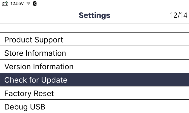 Selecting Check for Update option in the BA201 Settings menu