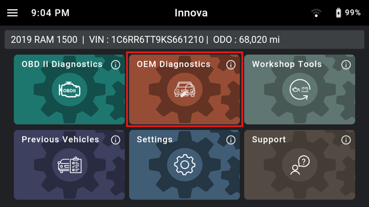 Innova diagnostic tablet main menu highlighting the OEM Diagnostics section for a 2019 RAM 1500.