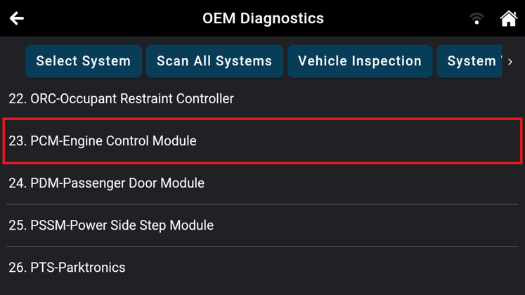 OEM Diagnostics menu on the Innova scan tool highlighting the PCM-Engine Control Module system