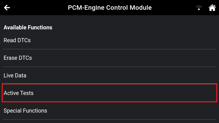 PCM module function list on Innova diagnostic tool highlighting the Active Tests feature