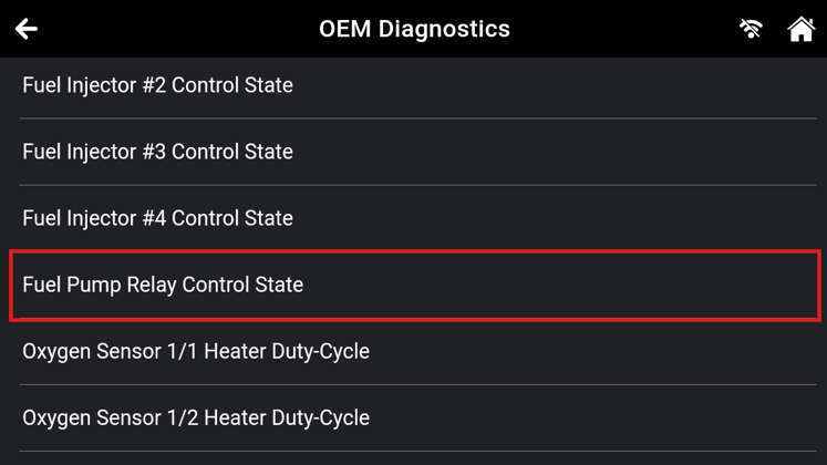 Active Test component list on Innova tablet highlighting the Fuel Pump Relay Control State test option.