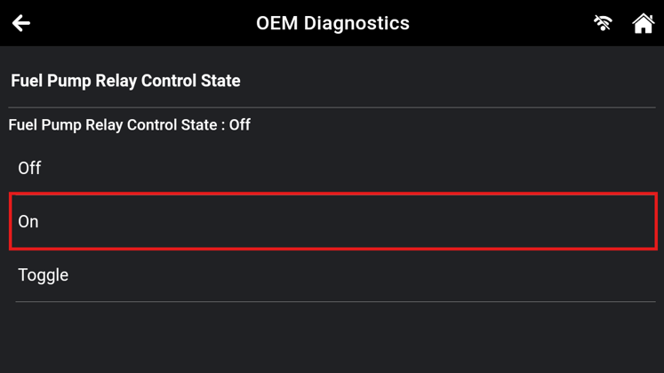 Innova Active Test execution screen highlighting the On command to engage the fuel pump relay