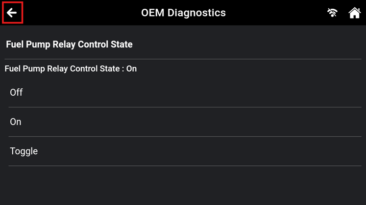 Innova OEM Diagnostics screen highlighting the top-left Back icon to return to the Active Test list
