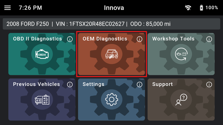 Innova diagnostic tool home screen highlighting the OEM Diagnostics option for a 2008 Ford F250