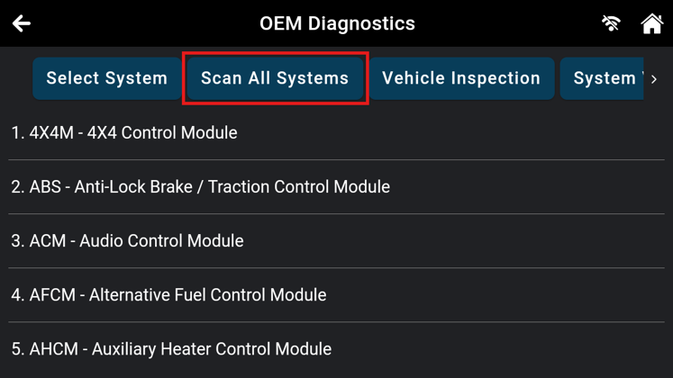 OEM Diagnostics menu on Innova tablet highlighting the Scan All Systems button to scan vehicle modules