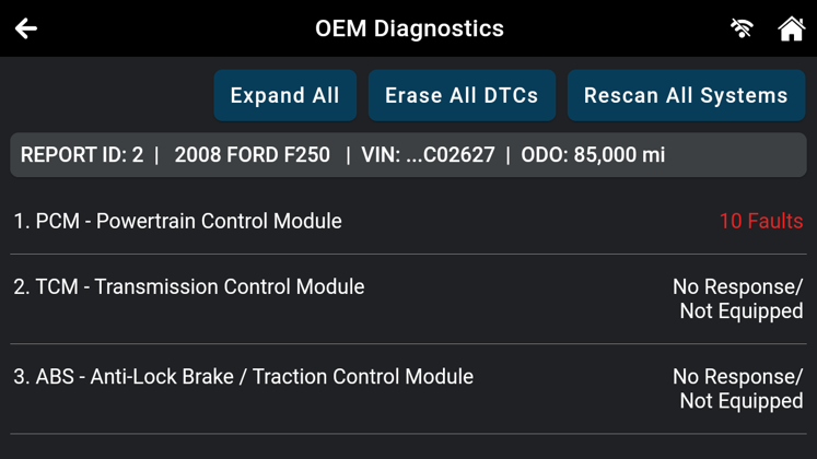 Diagnostic scan report on Innova tablet showing 10 faults detected in the Powertrain Control Module PCM