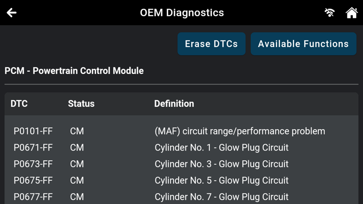 Innova screen displaying detailed DTC codes and definitions including P0101-FF and glow plug circuit faults.