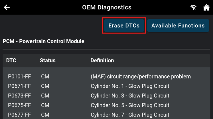 Confirmation popup on Innova scanner highlighting the Continue button to erase all PCM DTCs.