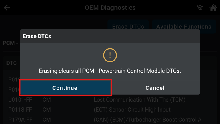 Innova diagnostic screen showing erase request has been sent popup with Scan Again and Close options