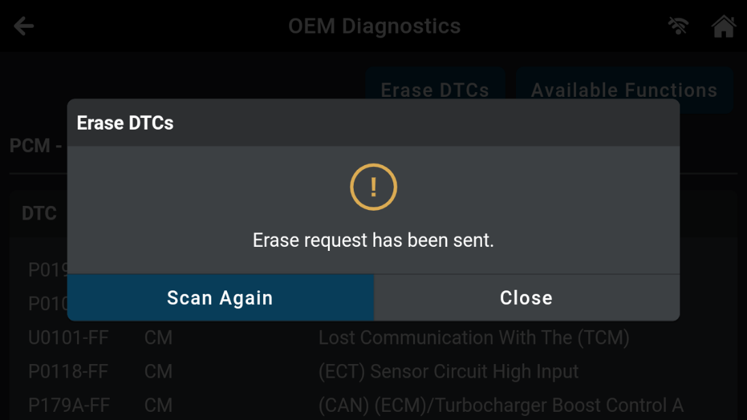 Innova diagnostic screen showing erase request has been sent popup with Scan Again and Close options