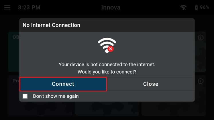 Popup dialog warning no internet connection on Innova scan tool highlighting the Connect button