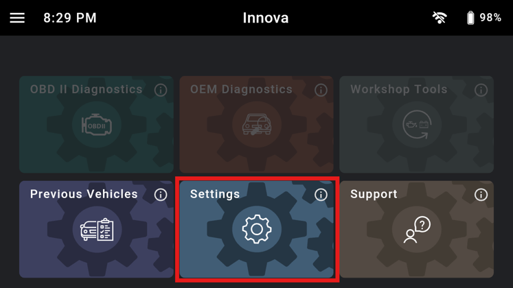 Innova diagnostic tablet home screen highlighting the Settings gear icon module