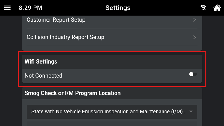 Home screen of the Innova smart diagnostic system highlighting the Settings option
