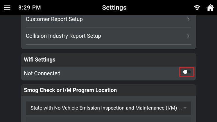 Innova Settings menu highlighting the Wifi Settings section currently showing Not Connected.
