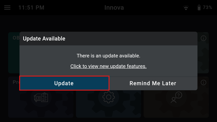 Update Available notification popup on Innova scanner highlighting the blue Update button