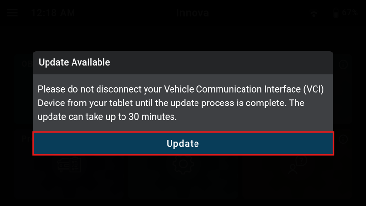 Update confirmation dialog instructing not to disconnect the VCI device with the Update button highlighted