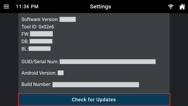 Innova diagnostic tool system settings screen highlighting the Check for Updates button