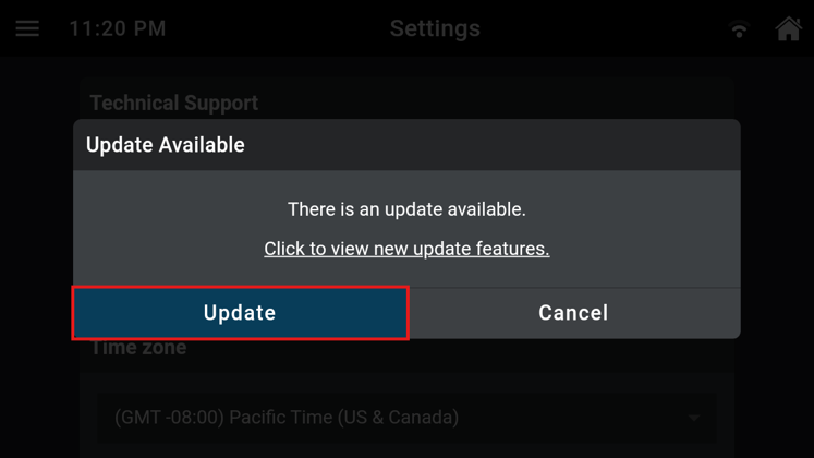 Update Available notification dialog on Innova tablet highlighting the blue Update button