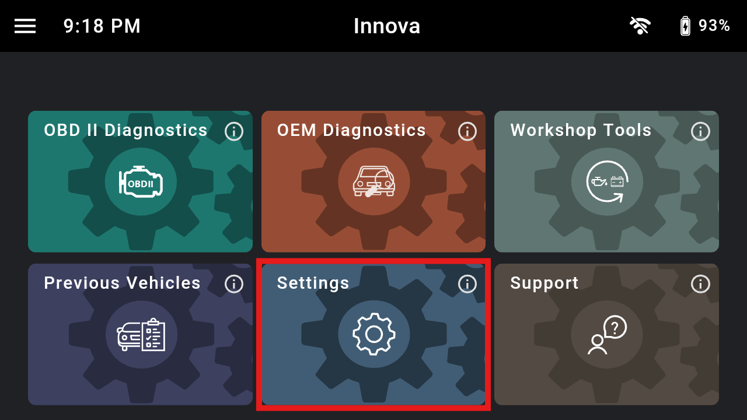 Innova diagnostic scanner home screen highlighting the Settings gear icon module