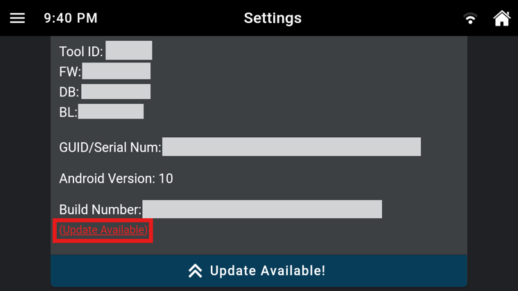 Innova device information screen highlighting the red Update Available alert below Build Number.