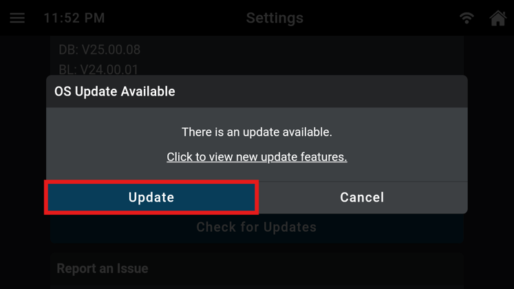 OS Update Available popup dialog on Innova tablet highlighting the blue Update button