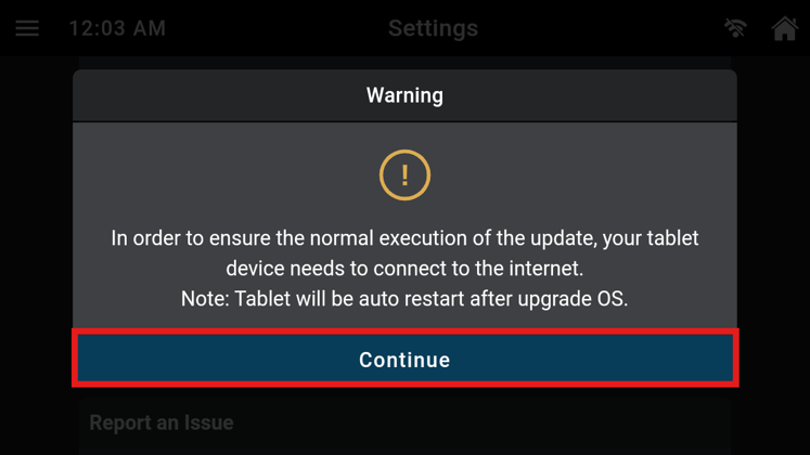 Warning dialog explaining device auto restart after OS upgrade highlighting the Continue button