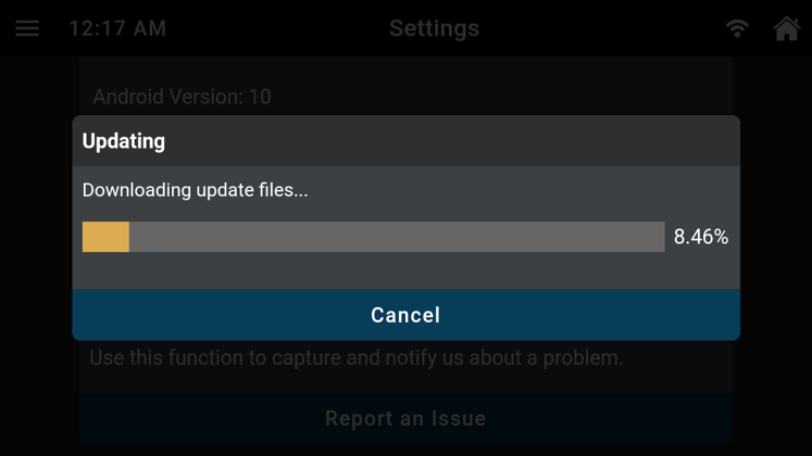 Innova diagnostic system update progress dialog showing percentage and downloading update files status