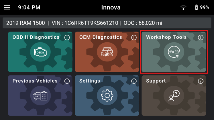 Innova diagnostic tablet home screen highlighting the Workshop Tools option for a 2019 RAM 1500.