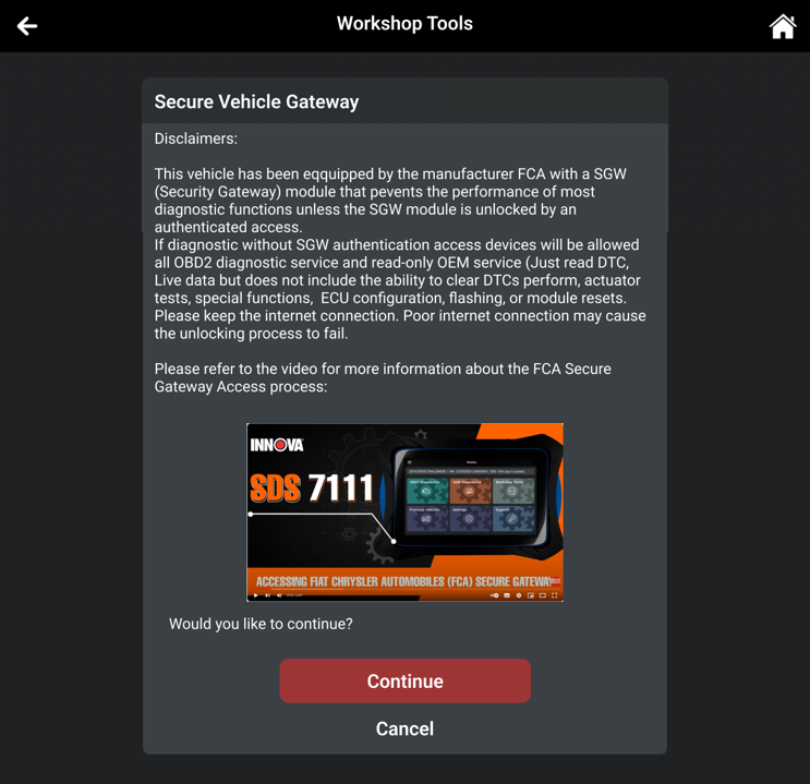 Secure Vehicle Gateway disclaimer screen on the Innova diagnostic tool highlighting the Continue button.