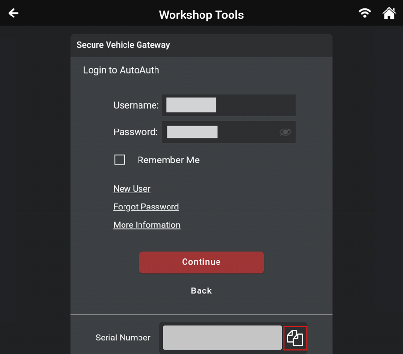 AutoAuth login screen on the Innova tool highlighting the copy shortcut icon next to the device serial number.