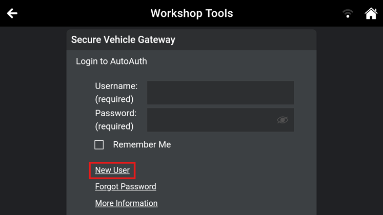 Innova diagnostic interface highlighting the New User link to create a new AutoAuth account.