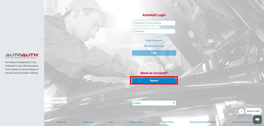 AutoAuth portal landing page in a web browser highlighting the blue Register button under Need an Account.