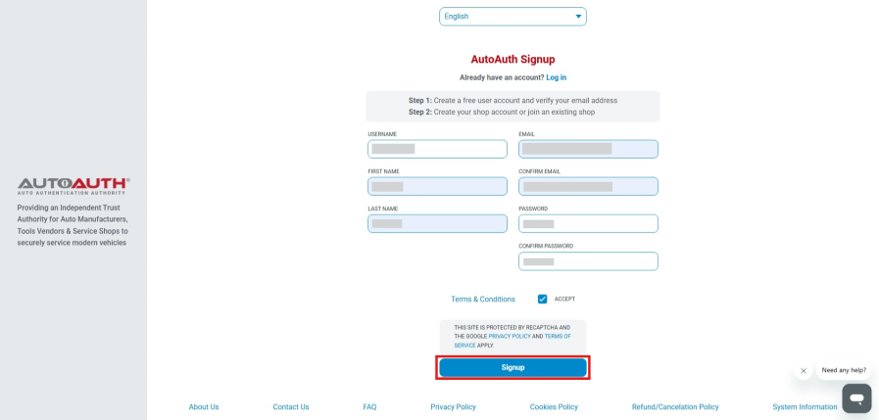 AutoAuth user signup form on the web portal displaying account details and highlighting the blue Signup button.
