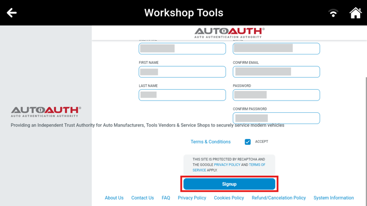 AutoAuth account signup screen embedded within the Innova tablet interface highlighting the blue Signup button.