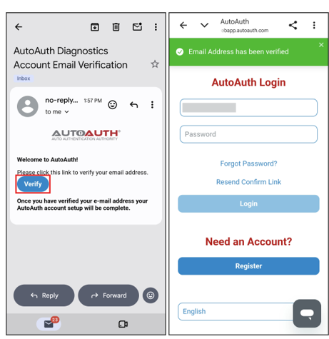 AutoAuth account verification email highlighting the blue Verify button and confirmation screen