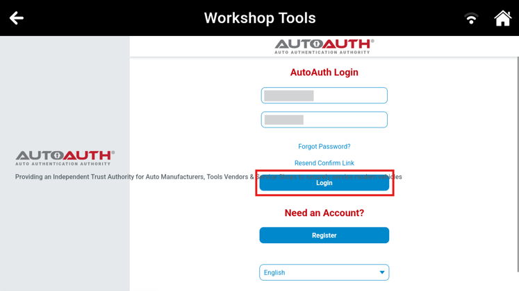 AutoAuth portal login form within Innova Workshop Tools highlighting the blue Login button