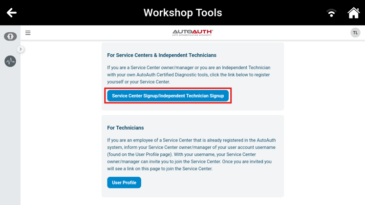AutoAuth portal dashboard highlighting the Service Center and Independent Technician Signup option