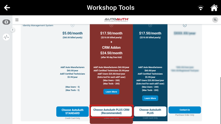 AutoAuth pricing tier selection screen highlighting the Choose AutoAuth PLUS CRM button.