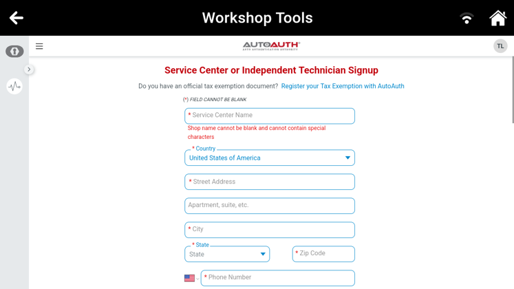 AutoAuth service center registration form requiring shop name, street address, and contact details.