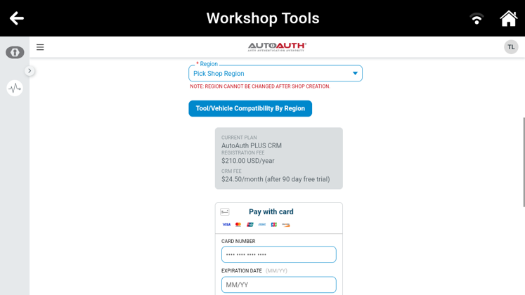 AutoAuth checkout page showing shop region selection, subscription fee summary, and credit card entry fields