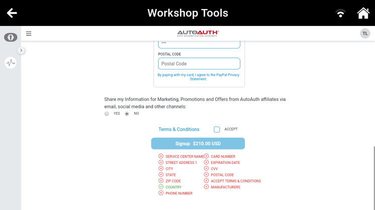 AutoAuth checkout form displaying the Signup button with a list of required form validation errors