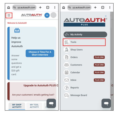 AutoAuth portal side menu drawer highlighting the Tools navigation option on a mobile browser