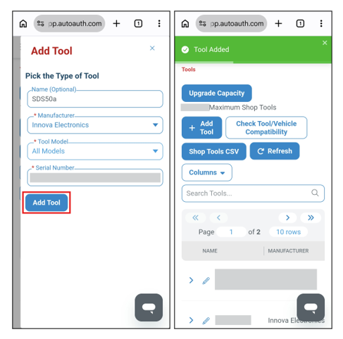 AutoAuth Add Tool modal highlighting the Add Tool button and confirmation banner showing tool added successfully