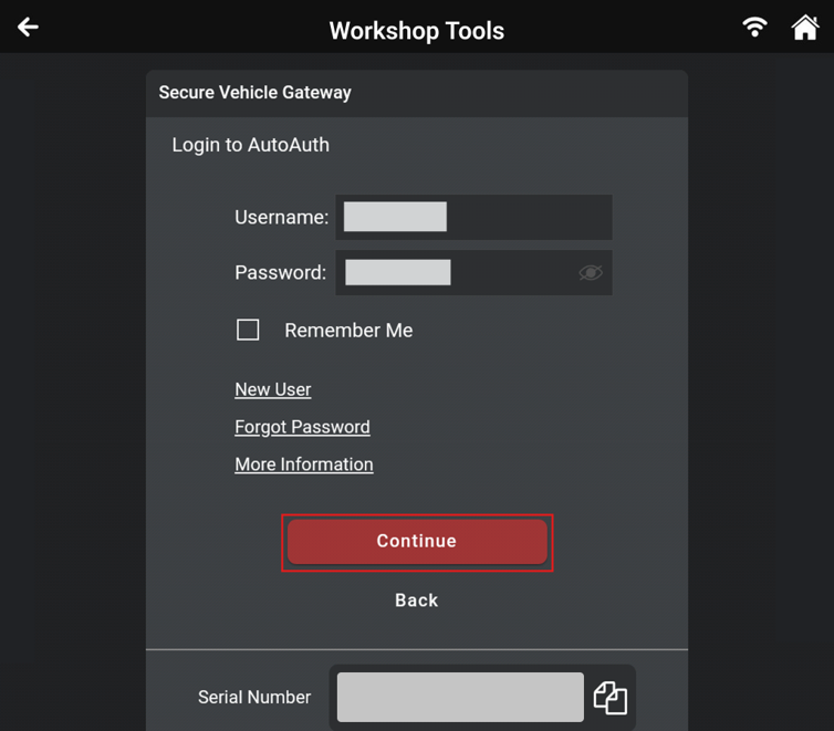 AutoAuth login screen on the Innova diagnostic tool highlighting the red Continue button to authenticate device.