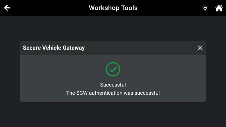 Innova diagnostic scanner popup confirming successful Secure Vehicle Gateway SGW authentication with a green checkmark
