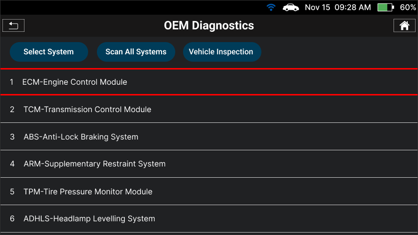 Selecting a vehicle control system module in the system list