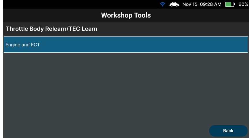 Selecting Engine and ECT system group in the Throttle Body Relearn menu