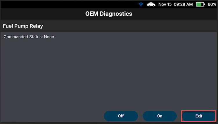 Tapping Exit button to return to the Active Test list menu